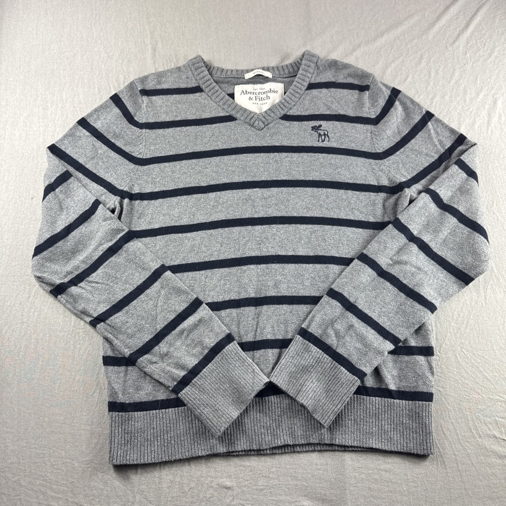 Abercrombie Fitch Muscle Sweatshirt Mens XL Gray Striped V-Neck Moose Logo READ